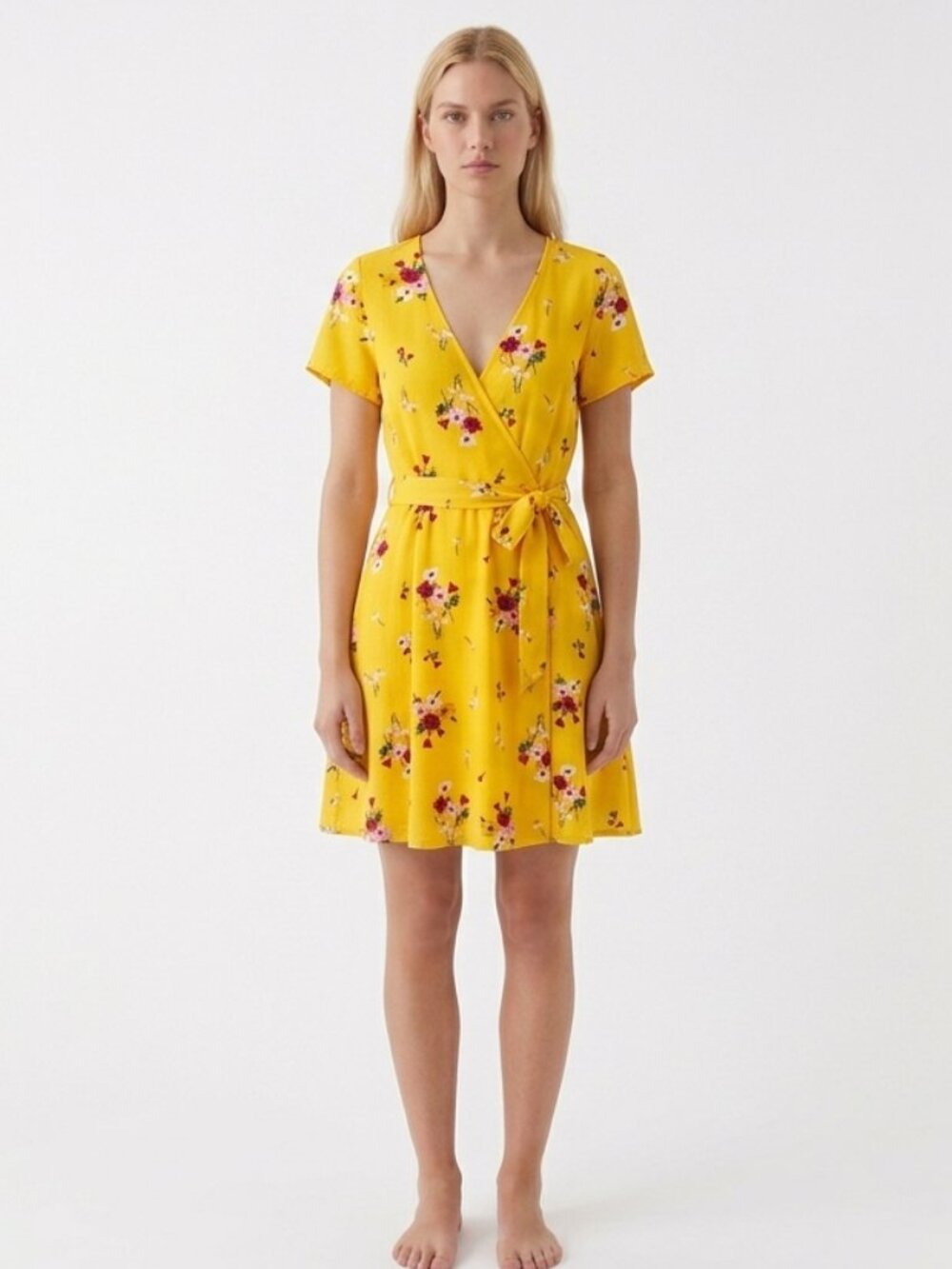 H&M Yellow Floral Wrap Cottagecore Mini Dress with a V-Neck and Short Sleeves